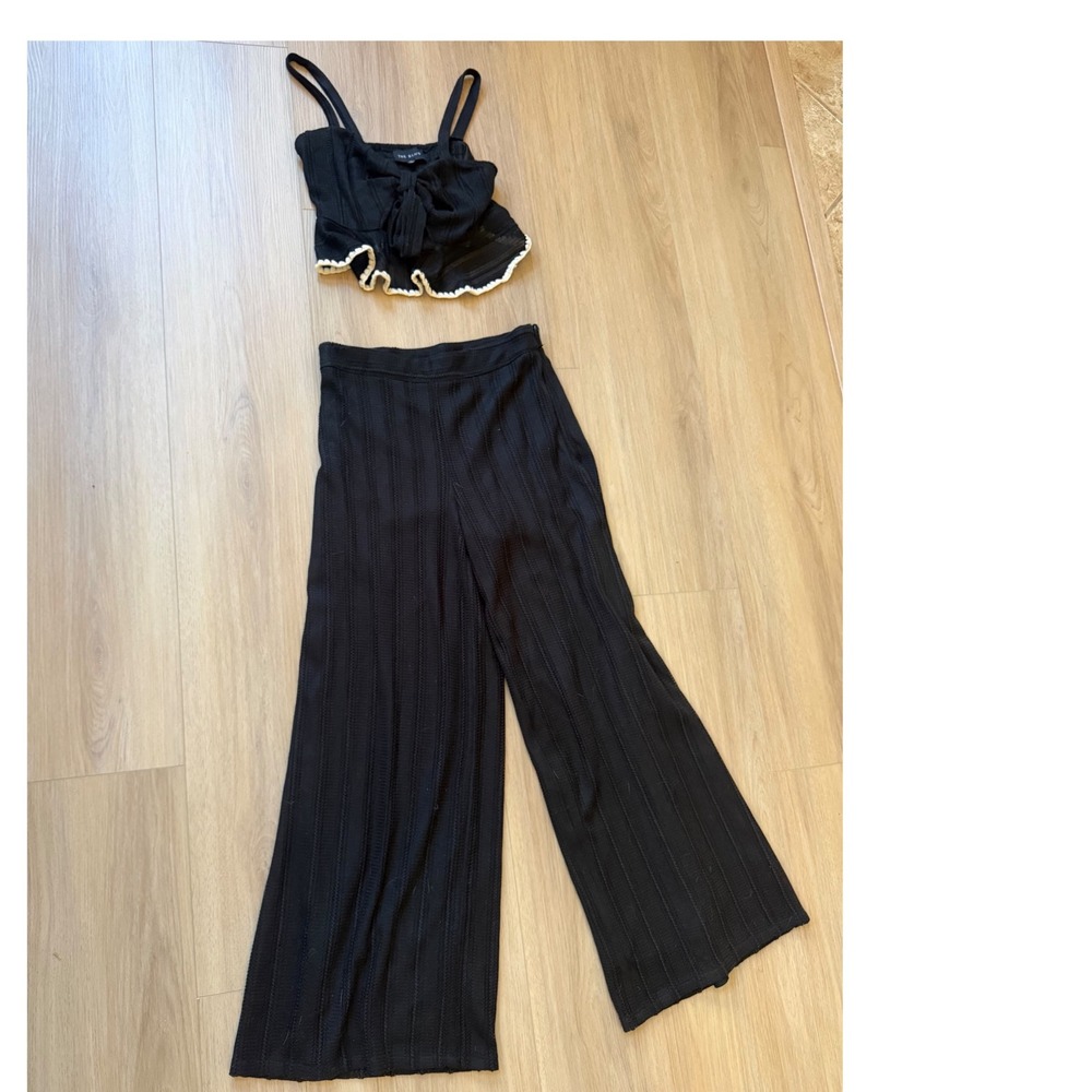 The Sang Black Crochet Two Piece Set Crop Top Wide Leg Pants Size Large